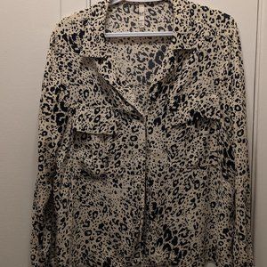 Zara TRF Black and Cream Leopard Print Blouse - Size Large